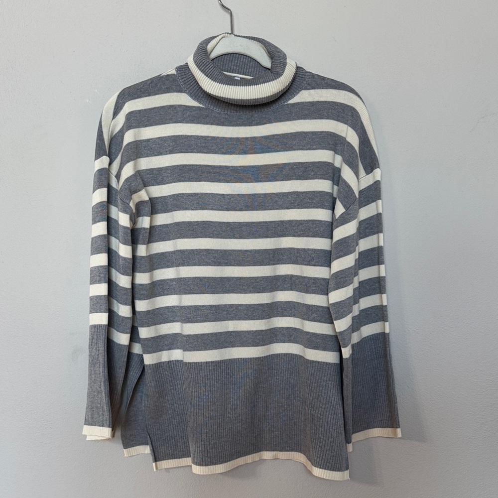 Striped Gray and White Turtleneck Sweater